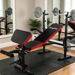 Banco supino para musculação, ideal para treinar em casa ou na academia. Equipamento resistente e versátil para exercícios de força e ginástica.